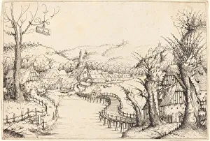 River Landscape with Wooden Bridge, 1546. Creator: Augustin Hirschvogel River Landscape with Wooden Bridge, 1546. Creator: Augustin Hirschvogel