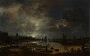 Aert Gallery: A River near a Town, by Moonlight, c. 1645. Artist: Neer, Aert, van der (1603-1677)