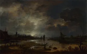 Aert Gallery: A River near a Town, by Moonlight, c. 1645. Artist: Neer, Aert, van der (1603-1677)