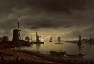 Tranquility Gallery: River Scene with Windmill and Boats, Evening, c. 1645. Creator: Anthonie van Borssom