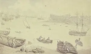 Repair Prints: River with many ships and a shipyard, late 18th century. Creator: Thomas Rowlandson
