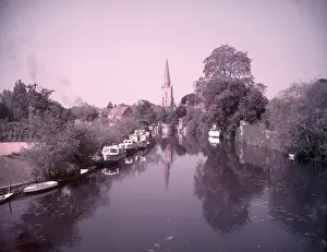 The river and St Helen's Church, Abingdon-on-Thames, Berkshire, c1955