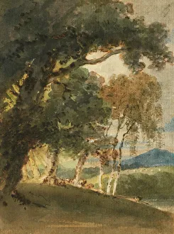 River Valley Prints: A River Valley And Distant Hill Seen Through Trees, c1800. Creator: Thomas Girtin