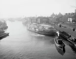 Sidewheeler Prints: The River from the viaduct, Cleveland, O[hio], (c1905?). Creator: Unknown