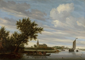 Salomon Von Ruisdael Prints: River View with Church and Ferry. Creator: Salomon Ruysdael