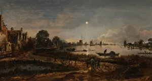 Aert Gallery: River view by moonlight, c. 1645. Artist: Neer, Aert, van der (1603-1677)