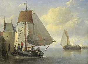 Sails Prints: River view with a rampart tower inspired by the Camperveerse tower in Veere