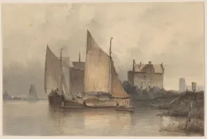 Sails Prints: River view with a sailing ship, 1813-1866. Creator: Antonie Waldorp