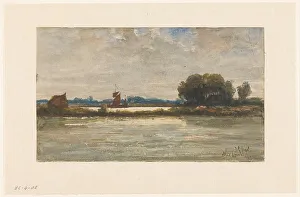 Johannes Gijsbert Vogel Prints: River view at Sliedrecht with sailing ship, 1871. Creator: Johannes Gysbert Vogel