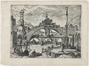 Gassel Lucas Prints: Riverscape with a Double Bridge, ca. 1570. ca. 1570. Creators: Anon, Lucas Gassel