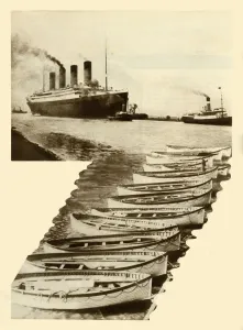 Lifeboats Prints: RMS Titanic and lifeboats, 1912, (1935). Creator: Unknown