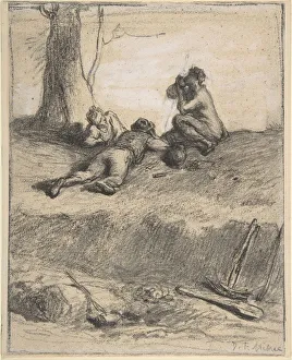 Pickaxe Prints: Roadworkers at Lunch, ca. 1850-52. Creator: Jean Francois Millet