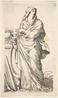 Robed woman standing next to a plinth, her right hand bears a palm branch, a harp r
