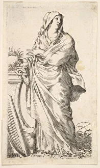 Mellan Claude Prints: Robed woman standing next to a plinth, her right hand bears a palm branch, a harp r