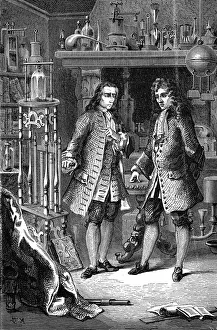 Discussion Prints: Robert Boyle, Anglo-Irish chemist and physicist and Denis Papin, French physicist, 1870