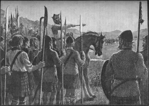 Robert the Bruce reviewing his troops before the Battle of Bannockburn, 1314 (1905). Artist: EBL Robert the Bruce reviewing his troops before the Battle of Bannockburn, 1314 (1905). Artist: EBL