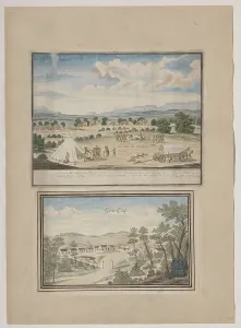 Vereenigde Oostindische Compagnie Prints: Robert Jacob Gordon at the Kraal of the Khoisan Leaders Gronjam and Doroep
