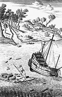 Defoe Collection: Robinson Crusoe Saving His Goods out of the wreck of the Ship, c1719