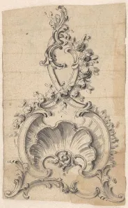 Volute Prints: Rocaille-boning with a shell, volutes and flowers, c.1750. Creator: Anon
