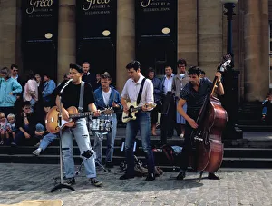 Rock And Roll Prints: Rock Group outside the National Gallery of Scotland, Edinburgh Festival, Edinburgh