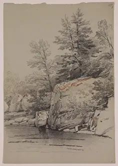 Geological Prints: Rocks and Trees near the Water, 19th century. Creator: John William Casilear