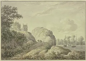 Chapel Prints: Rocky bank of a river, a chapel in the upper left.. Creator: Hendrik Tavenier