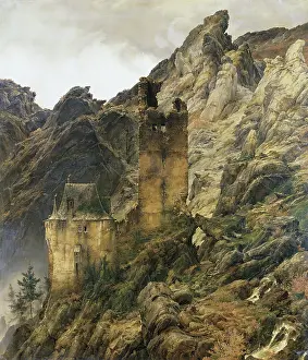 Rocky Prints: Rocky Landscape: Gorge with Ruins, 1830. Creator: Karl Friedrich Lessing