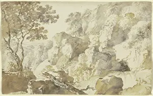 Rocky Prints: Rocky landscape with trees, a waterfall