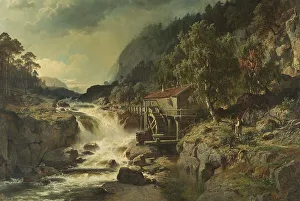 Water Mill Prints: Rocky Landscape with Waterfall and Watermill, Småland, 1862. Creator: Johan Edvard Bergh