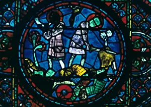 Roland Gallery: Roland breaks his sword and sounds his horn, stained glass, Chartres Cathedral, France, 1194-1260