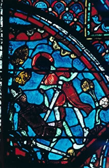 Chartres Collection: Roland pierces the giant Ferragut in the navel, stained glass, Chartres Cathedral, 1194-1260