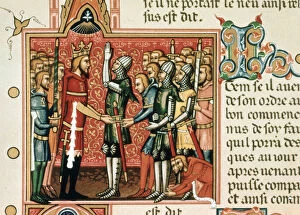 Roldan promising loyalty to Charlemagne, miniature in a page of the manuscript of