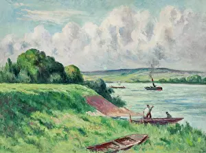 Banks Prints: Rolleboise, barques et remorqueur sur le fleuve