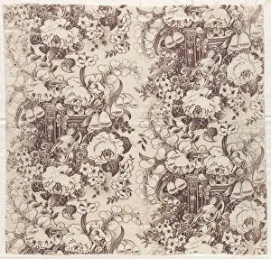 Roller-Printed Cotton with Design of Woman Playing a Lute, early 1800s. Creator: Unknown Roller-Printed Cotton with Design of Woman Playing a Lute, early 1800s. Creator: Unknown