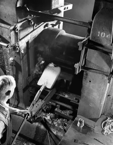 Steelworks Prints: Rolling hot spades, garden tool manufacture, Sheffield, South Yorkshire, 1966. Artist