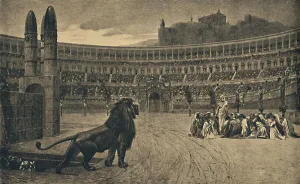 Cento Vedute Classiche Di Roma Prints: Roma - Circus Maximus - Last prayer of the Christians thrown to the wild animals, 1910