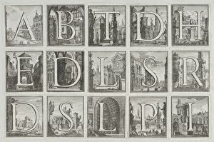 Images Dated 5th November 2020: Roman alphabet against architectural backgrounds, from G. P