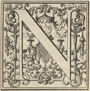 Picart Collection: Roman Alphabet letter N with Louis XIV decoration, 18th century. Creator: Bernard Picart