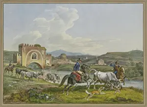 Cows Prints: Roman Campagnoli on horseback capture a bull with dogs, 1829. Creator: Johann Adam Klein