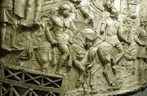 Roman cavalry crossing a wooden bridge, from Trajans column, Rome, 106-113