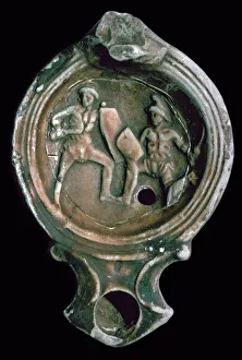 Gladiator Prints: Roman clay lamp decorated with gladiators, 3rd century