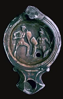Gladiator Prints: Roman clay lamp with design of gladiators, 3rd century