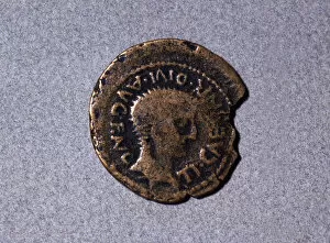 Roman coin from the first half of the first century AC, with a head facing right
