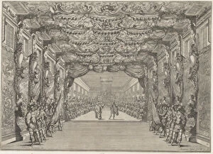 The Roman curia with guards in the anteroom; set design from 'Il Fuoco Eterno', 1674