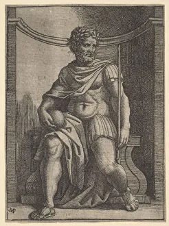 Raimondi Prints: A Roman emperor sitting in a niche holding a globe and sceptre and looking to his... ca