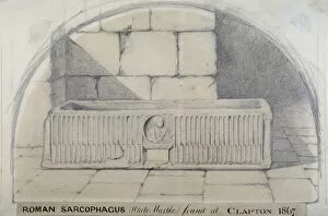 Roman marble sarcophagus found at Clapton in 1867, carved with a medallion relief of figure, 1872