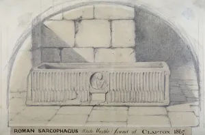 Roman marble sarcophagus found at Clapton in 1867, carved with a medallion relief of Roman marble sarcophagus found at Clapton in 1867, carved with a medallion relief of