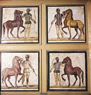 Charioteer Gallery: Roman Mosaic, Charioteers wearing Racing Colours of their sponsors, 1st-3rd century