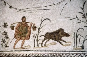 Bardo Museum Prints: Roman Mosaic of Man and wild boar, c2nd-3rd century