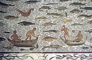 Aquatic Life Collection: Roman mosaic of men fishing from boats, 2nd century BC